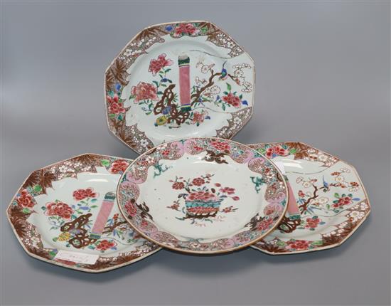 Four 18th century Chinese famille rose plates, length 23cm